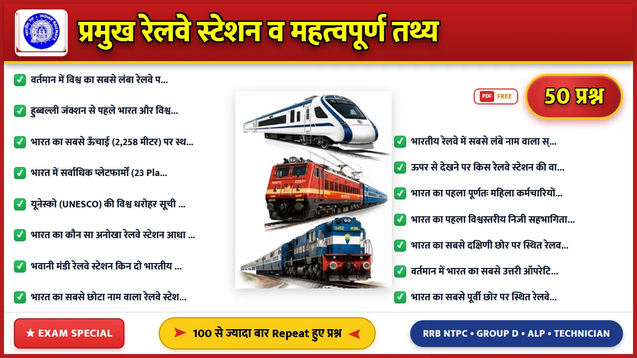 भारतीय रेलवे के प्रमुख स्टेशन और रेलवे से जुड़े महत्वपूर्ण तथ्य