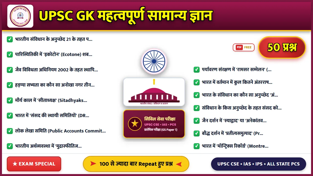UPSC GK: महत्वपूर्ण सामान्य ज्ञान प्रश्न और उत्तर हिंदी में (2026)